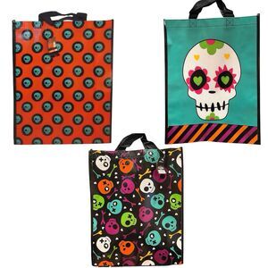 3x Looking Spooky Colorful Skull Halloween Reusable Trick Or Treat Bag 16” x 13”